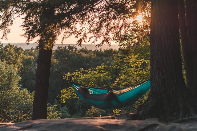 A person lying in a hammock