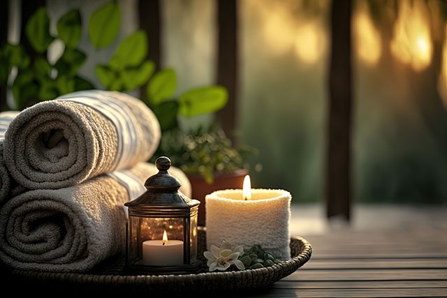 A towel tray with candles