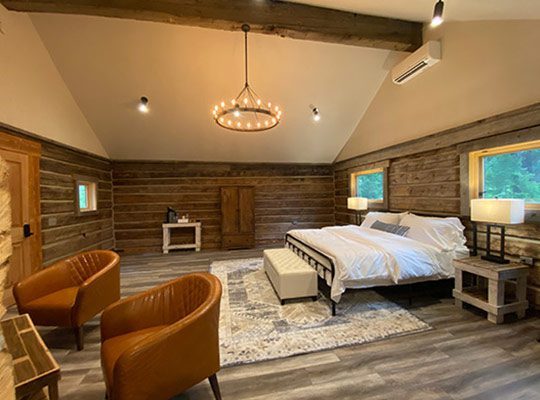 The interior of a log cabin