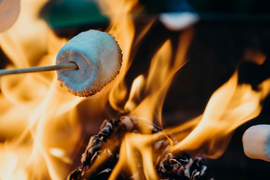 A marshmallow toasting over a campfire