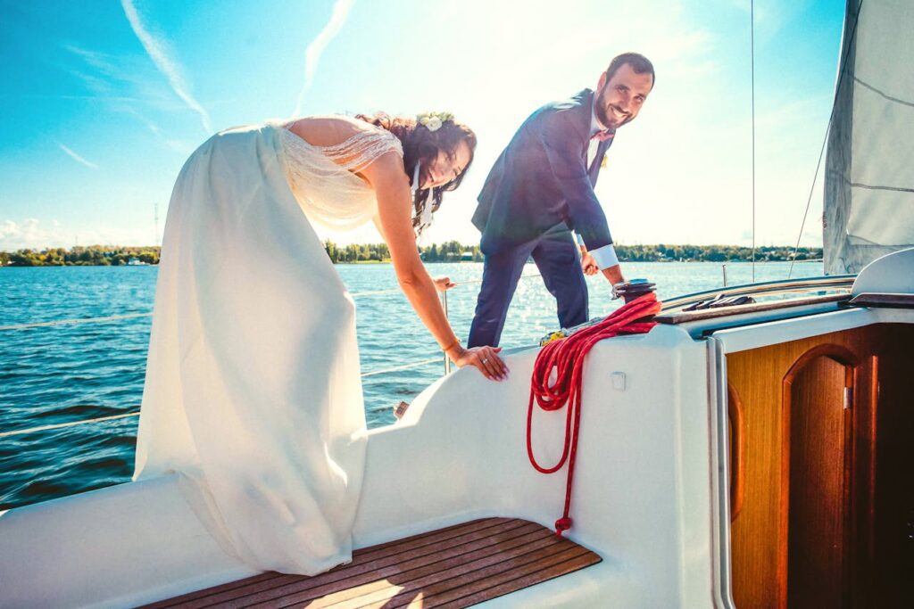 A bride and groom on a boat