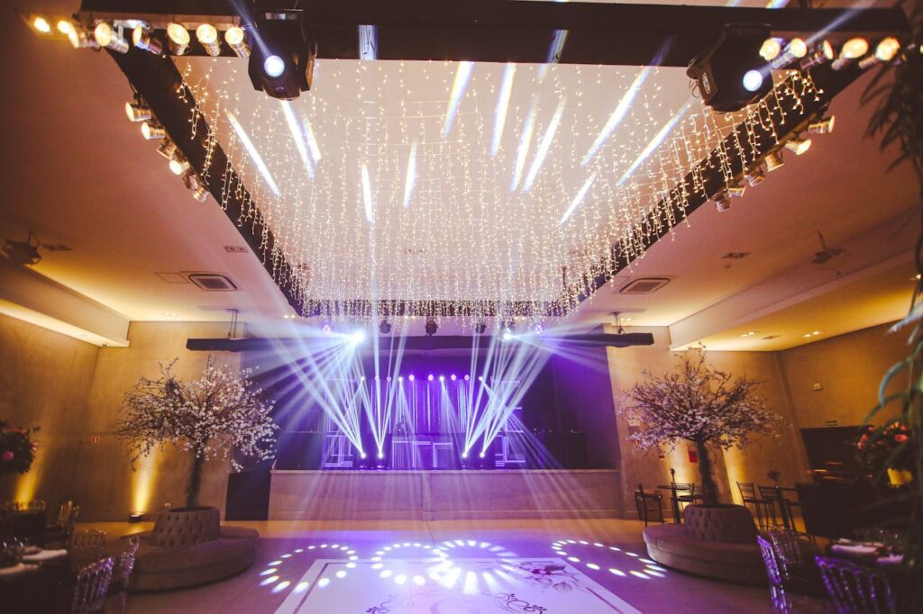 A wedding venue with a concert stage