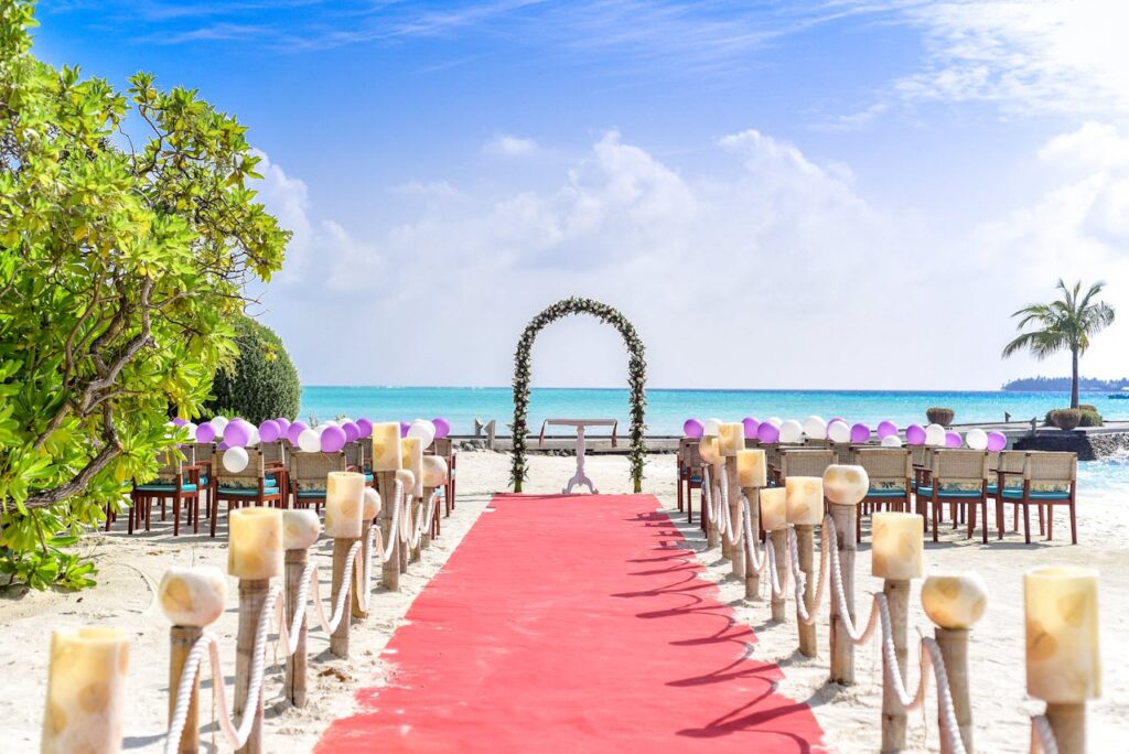 Wedding decorations and chairs on a beach