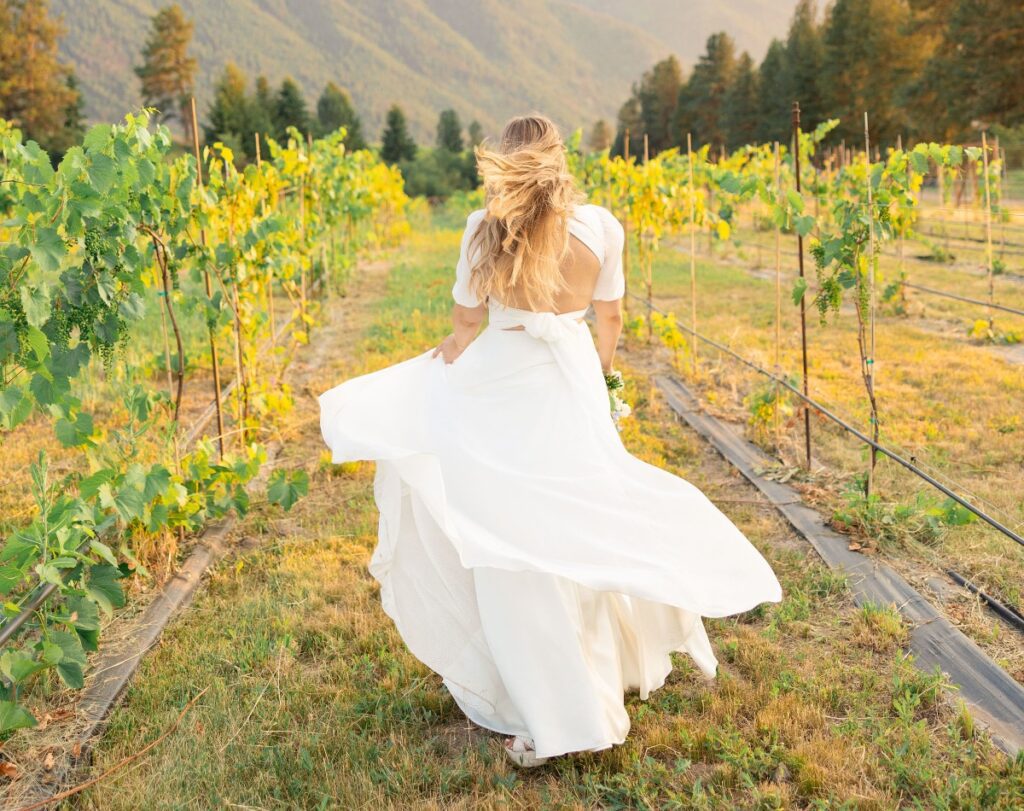 Bride strolling in a vineyard